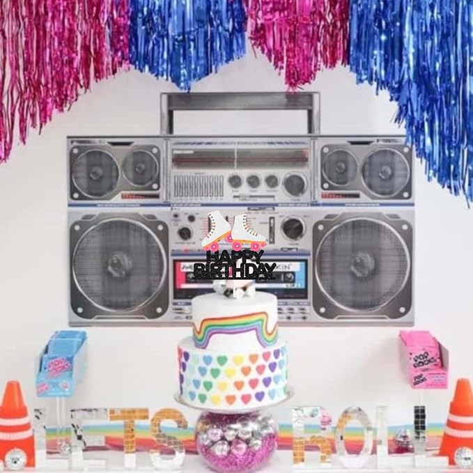 White Roller Skating Happy Birthday Cake Topper - Neon Roller Skating Party Retro Rock Disco Themed Party Decoration Supplies for Boys or Girls - SugarGera