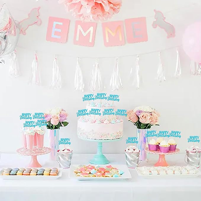 30 PCS Happy Birthday Cupcake Toppers Glitter Happy Birthday Cupcake Picks for Celebrating Birthday Anniversary Theme Party Cake Decorations Supplies Lake Blue