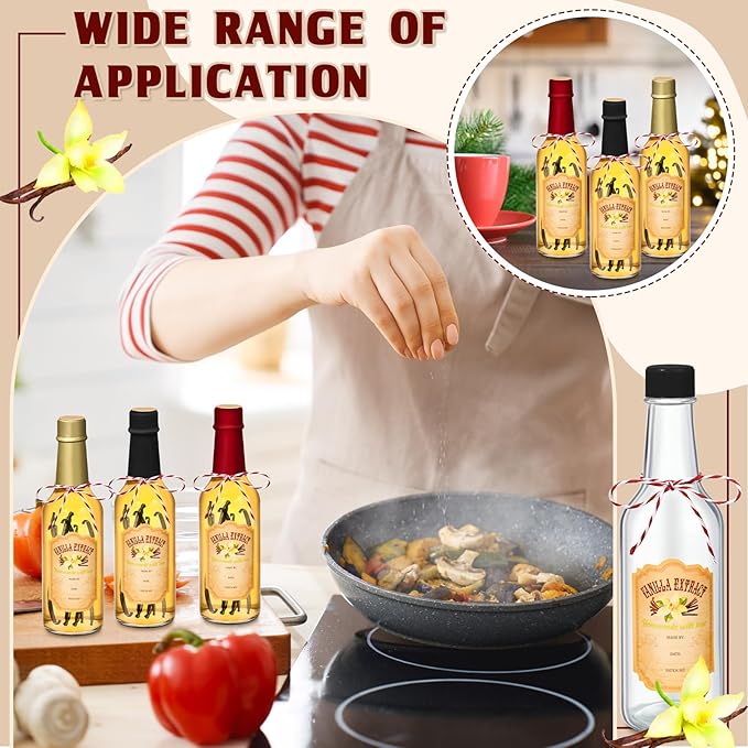 Tioncy 16 Pcs Vanilla Extract Bottles for Homemade Vanilla Jar Glass Bottle with Cap, Shrink Band, Sticker Syrup Gift Food Storage Canister for Bean Sauce Spice(Black, Red, Gold,8.5 oz)