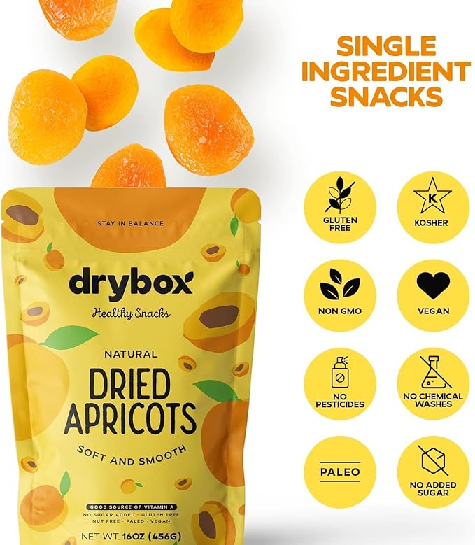 Drybox Dried Turkish Apricots No Sugar Added, Unsweetened Non-GMO | Dry Apricot Snacks | All Natural Mediterranean Dried Fruit Resealable 1 lb per pack - 1 Pack