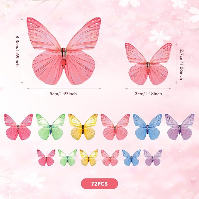 Butterfly Cupcake Toppers 72Pcs Edible Cake Decorations, 6 Colors, Wafer Paper Butterflies for Birthdays Weddings Baby Showers Party Supplies