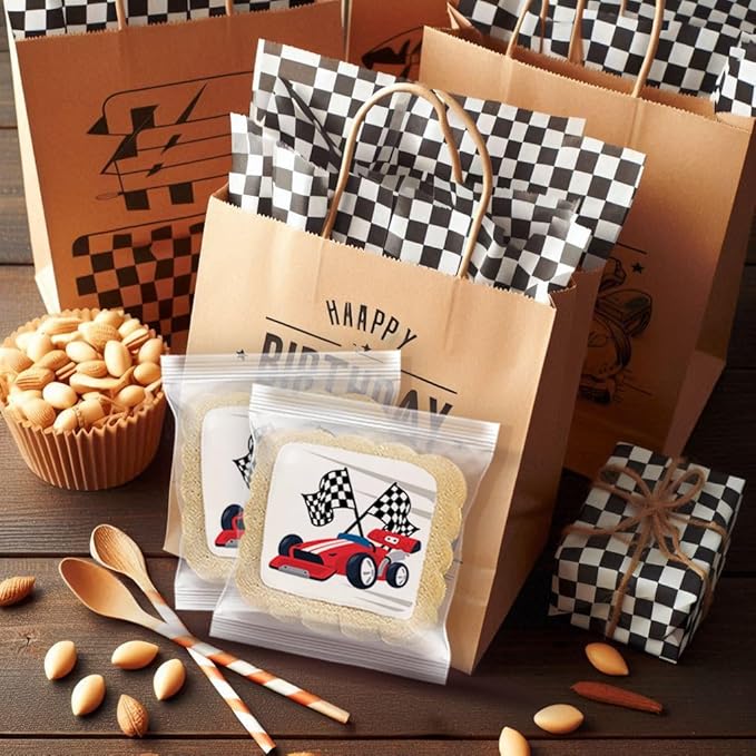 Race Car Themed Cookies Party Favors | Individually Wrapped 24 Pack Bulk | for Kids Birthday Treats | Red Black White Raceway Race Track Checkered Racing Theme