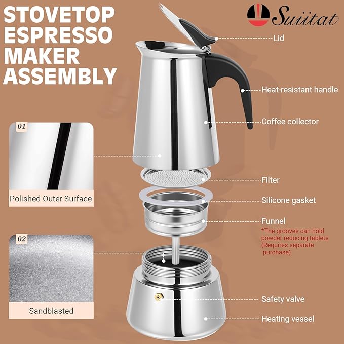 Moka Pot, 9 Cups (15.9 oz) Stovetop Espresso Maker, 304 Stainless Steel Moka Pot, Induction Compatible, Silver