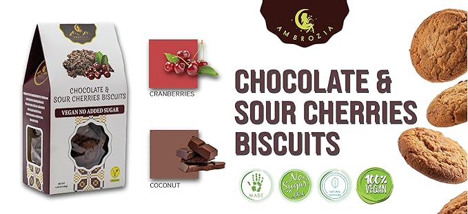 Ambrozia Vegan Snack Biscuits ??Chocolate & Sour Cherry - Soft Baked, No Added Sugar, Clean Label, High Fiber & Wholesome Ingredients, Kid-Friendly, Healthy Snacks for Active Lifestyles, 4 x 4.58 Oz