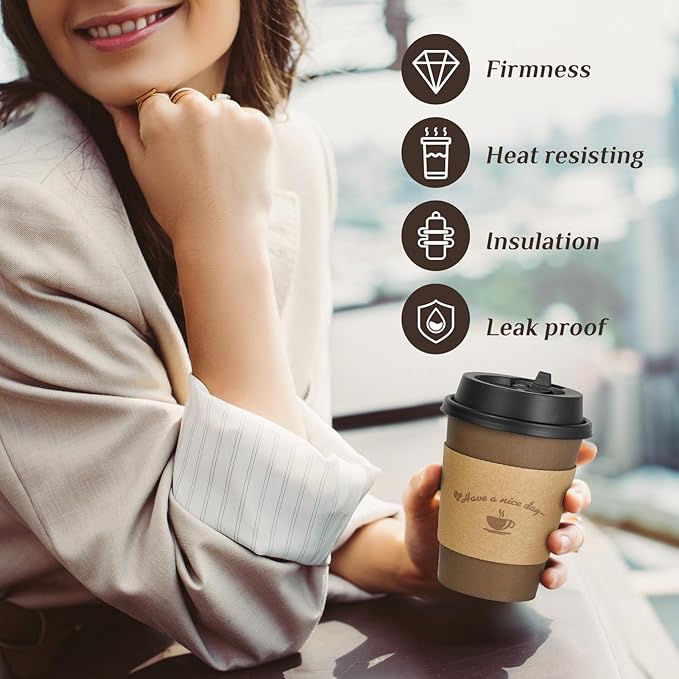 LITOPAK 100 Pack 12 oz Paper Coffee Cups with Lids, Sleeves, and Stirring Sticks for Coffee, Water, or Juice, Browm 10 Ounce Disposable Hot Paper Cups for Cafes, schools, offices, shops