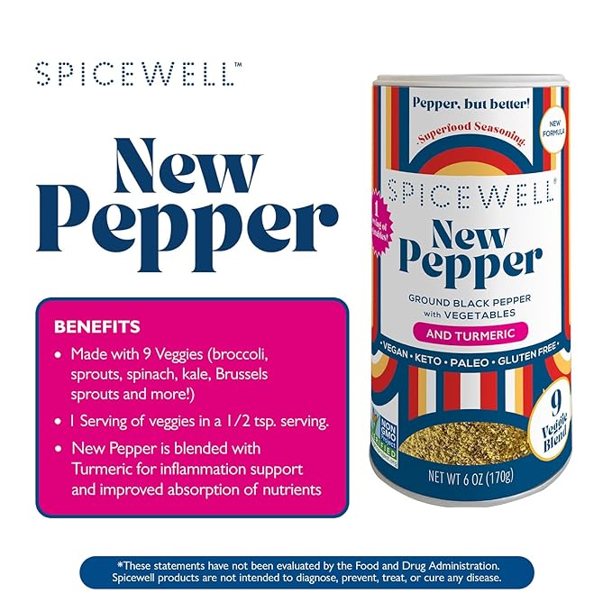 Spicewell - New Pepper Shaker - Ayurvedic Black Pepper with Turmeric, 21 Plant-Based Vitamins and Minerals - Fine Ground, Fresh Cracked Flavor - 6oz