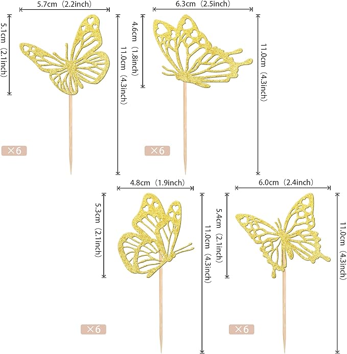 Rsstarxi 24 Pack Butterfly Cupcake Toppers Gold Glitter Assembled Butterfly Baby Shower Cupcake Picks for Wedding Engagement Bridal Shower Kids Birthday Party Cake Decorations Supplies