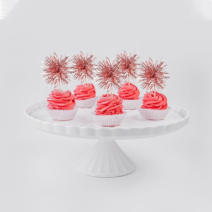 40 PCS Foil Firework Cupcake Toppers Rose Gold Sparkler Cupcake Picks Sparkle Tinsel Fireworks Decorations Cocktail Fruit Toothpick for Firework Theme Birthday Wedding Graduation Party Decor Supplies