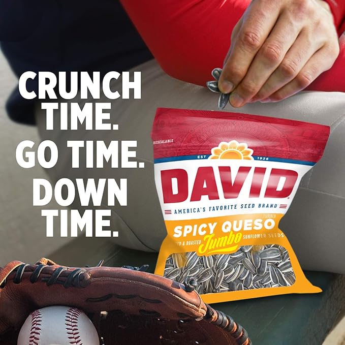 DAVID Roasted and Salted Spicy Queso Jumbo Sunflower Seeds, Keto Friendly, 5.25 oz, 12 Pack