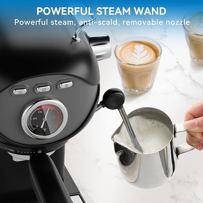 Espresso Machine, 20 BAR Pump Temperature Control, Compact Espresso Maker with Steam Milk Frother, Professional Coffee Makers for Home, Cappuccino, Latte, Gifts for Coffee Lover, Black