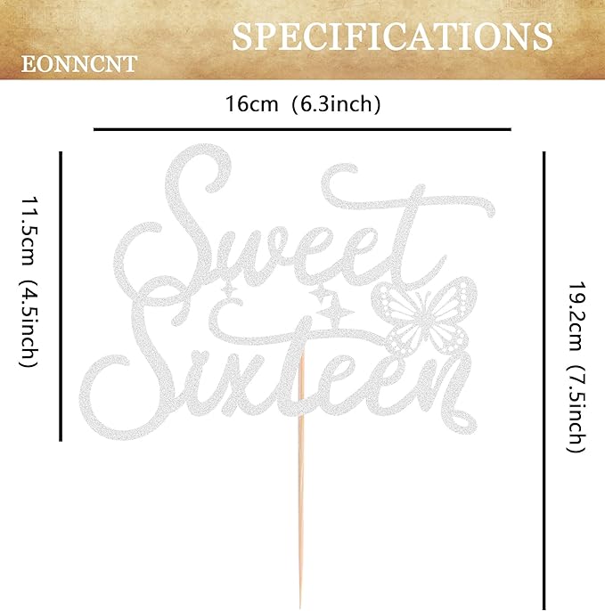 Sweet Sixteen Cake Topper - Silver Glitter Butterfly Theme Sweet 16 Birthday Cake Decorating Supplies for Girls, Sweet 16 Cake Topper for Happy 16th Birthday Party Supplies Photo Booth Props