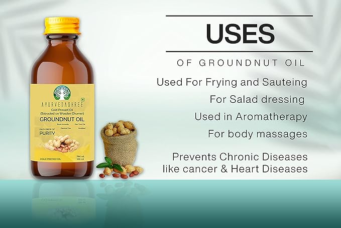 AYUREVDASHREE Cold Pressed Peanut Oil 3.38 fl oz. | Perfect for Deep Frying, High Heat Cooking, Adding to Noodles, Stir-Fries | Wood Pressed Groundnut Oil