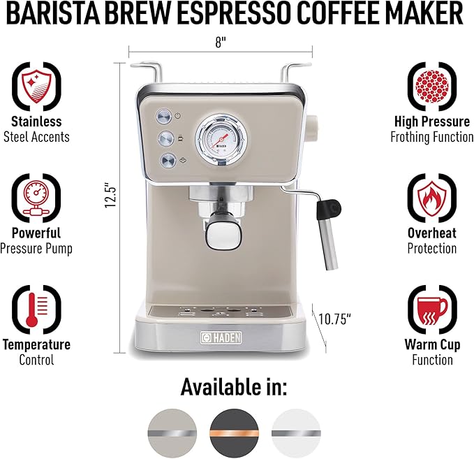 HADEN Barista Brew Espresso Coffee Machine, Stainless Steel Espresso Maker with Milk Frother and Steamer Function and 1.5L Water Tank, Putty & Copper