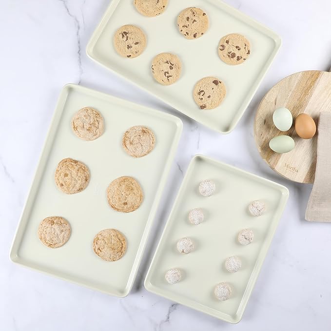 Martha Stewart Gallen 3-Piece Cookie Sheet Set ??13", 15", 17" Baking Pans, Ceramic Nonstick, PFA-Free, Carbon Steel ??Oven Safe to 450°F, Warp-Resistant, Easy to Clean - Linen White