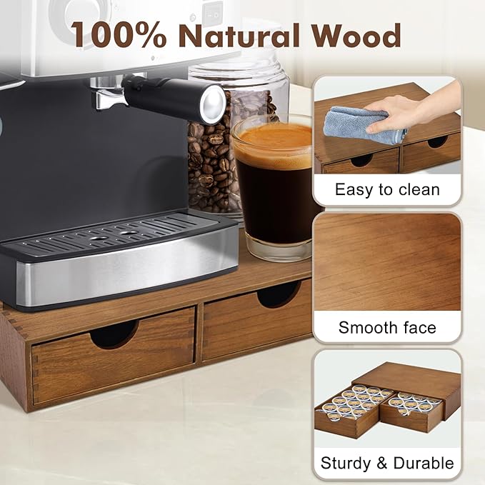 Wooden K Cup Organizer Coffee Pod Storage Box - K Pod Holder with Two Drawers, K Cup Drawer Under Brewer and Coffee Maker Machine Stand, 30 Pod Capacity, Style A ??,<div>