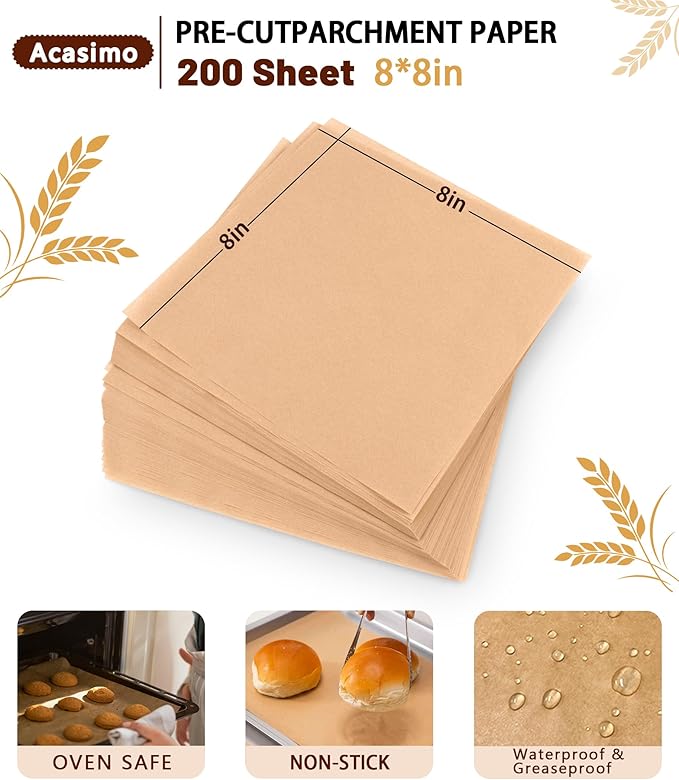 Parchment Paper Sheets, 200Pcs 8x8 Inch Squares Precut Parchment Sheets for Baking, Grilling, Air Fryer, Non-Stick Square Pan Liners Oven Paper for Bread, Cake, Cookies, Roasting, Wrapping, Steaming