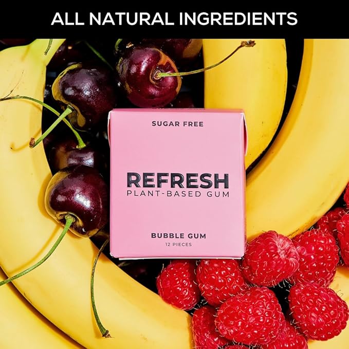 Refresh Gum, Xylitol, Sugar Free, Natural, Long Lasting Chewing Gum, Natural Flavors & Organic Ingredients, Plant-Based, Plastic Free, Non GMO, Gluten Free, Vegan, Bubble Gum Flavor, 12 Pcs, 12 Pack
