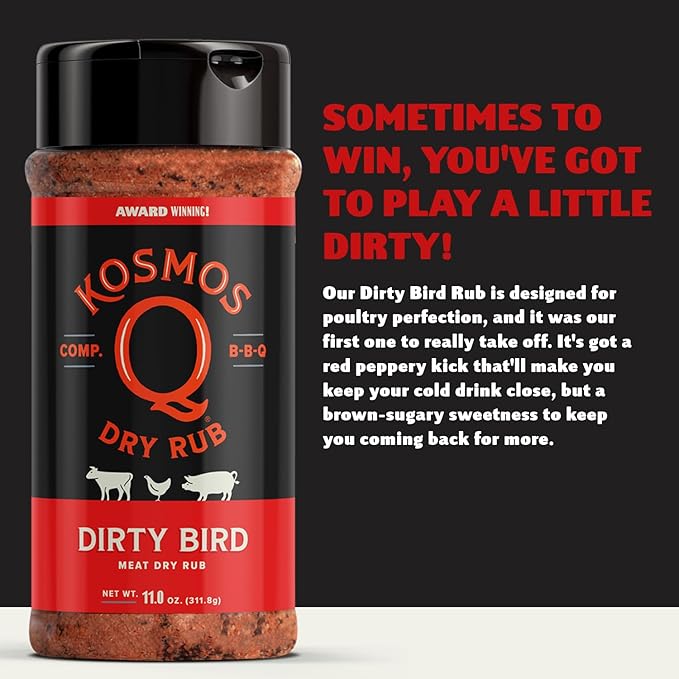 Kosmos Q Dirty Bird BBQ Dry Rub, Sweet and Spicy Seasoning with Brown Sugar, Red Pepper, Garlic & Paprika For Chicken Wings, Ribs, Pulled Pork, Dry Rub For Smoking & Grilling, 11 Oz Shaker Bottle