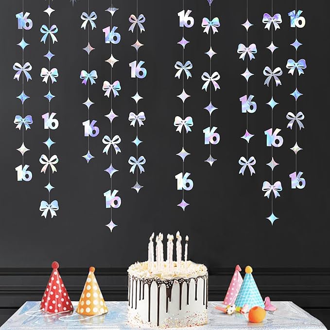 Iridescent 16th Bow Birthday Decorations Metallic Conquette Bow Garland Streamer Banner Backdrop for Girls Boys Happy 16th Birthday Sweet Sixteen Cheers to 16 Years Old Anniversary Party Supplies