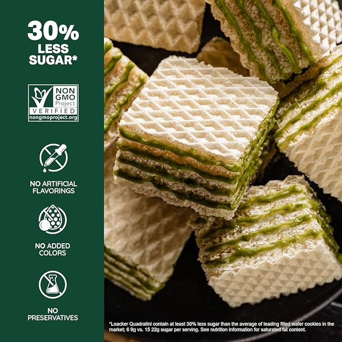 Loacker Quadratini Matcha Wafer Cookies LARGE - 30% Less Sugar - Premium Crispy Bite Size Wafers - NON-GMO - LARGE Pack of 6