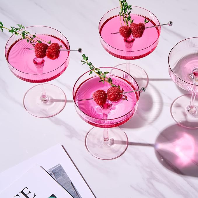 Khen Ribbed Vintage Art Deco Coupe Glasses - Martini, Champagne & Cocktail Ribbed Glasses 8oz | Cute Crystal Glassware Sets, Pink, 4 Pieces, Housewarming Gifts