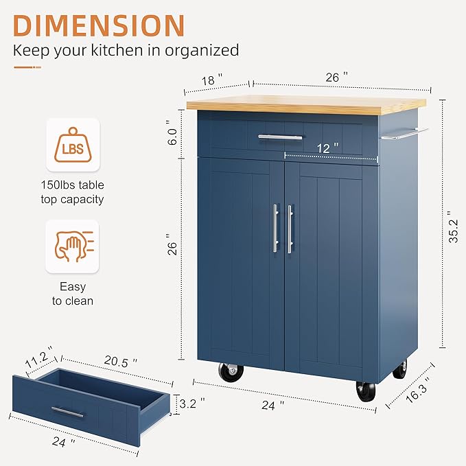 Shintenchi Kitchen Island cart with Storage, Portable Bar Cabinet on Wheels, Rolling Microwave Cart Side Table with Workstation for Kitchen, Dinning Room, Blue