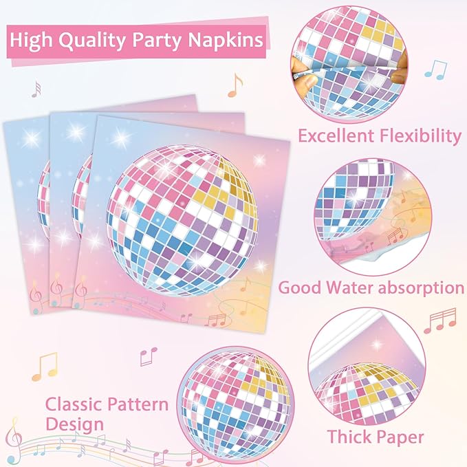 96Pcs Singer Plates and Napkins Disco Ball Party Decorations Colorful Disco Ball Dessert Plates Music Themed Birthday Tableware for 24 Guests Music Lover Birthday Wedding Anniversary Party Supplies