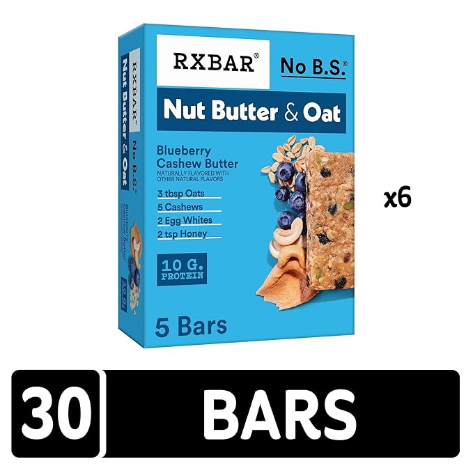RXBAR Nut Butter and Oat Protein Bars, Protein Snacks, Snack Bars, Blueberry Cashew Butter (6 Boxes, 30 Bars)