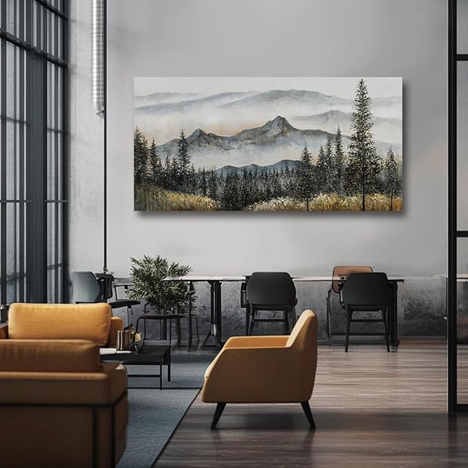 Foggy forest Wall Decor,Framed Canvas Wall Art, Large Artwork Green Mountain Pictures Boho Pine Tree Wall Painting Mountains Landscape Art for Home Living Room Office 29"x58"