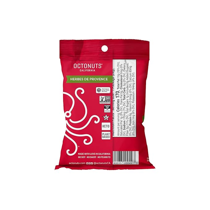 Octonuts Herbs de Provence Almonds – 12 Individually Wrapped Snack Packs (1oz Each), Healthy Snacks for Adults and Kids, Non-GMO, Keto and Gluten-Free, Roasted in Cold Pressed Olive Oil