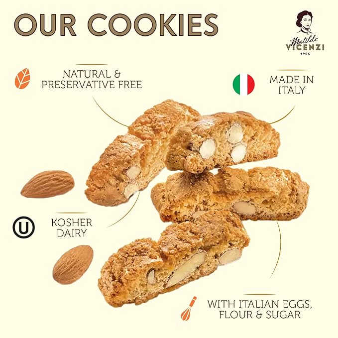 Matilde Vicenzi Classic Italian Biscotti Almond Cookies - Cantuccini Almond Biscuits - Kosher Dairy Traditional Coffee & Tea Biscuits Made in Italy - 14.11 oz (400g)