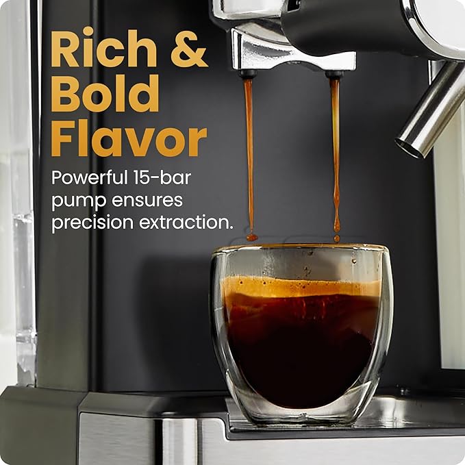 Chefman Caf챕Master Pro Espresso Machine, Brew Single or Double Shots, Coffee Maker with Built-In Milk Frother for Cappuccino & Latte, XL 1.8 Liter Removable Water Reservoir - Stainless Steel