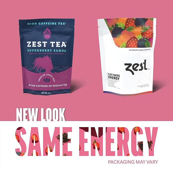 Zest 135mg High Caffeine Energy Loose Leaf Blend - Superberry Samba Green Tea - 4 Oz - Hot or Iced - All Natural Strong Flavored Healthy Coffee Highly Caffeinated Substitute - Perfect for Keto Diet