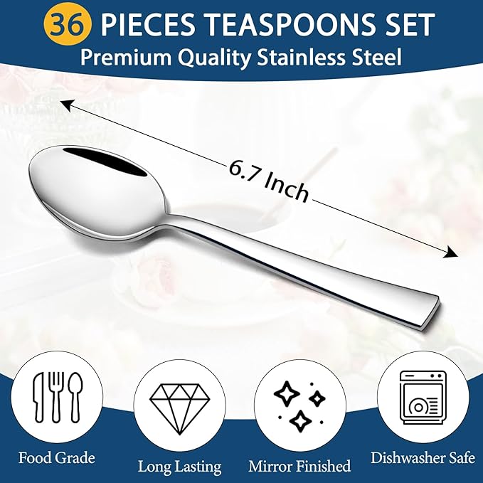 P&P CHEF Teaspoon Set (36 Pieces), 6.7" Stainless Steel Mini Tea Spoons, Premium Stirring Silverware, Kitchen Dessert Coffee Spoon Set, Mirror Finish & Dishwasher Safe