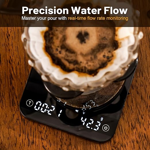 KitchenTour Caf챕Metric Coffee Scale with Timer 0.1g/2000g - Precision Scale for Espresso & Pour Over - Water Flow Speed Mode and Coffee Powder-to-Liquid Ratio Mode - Rechargeable, LCD Display-Black