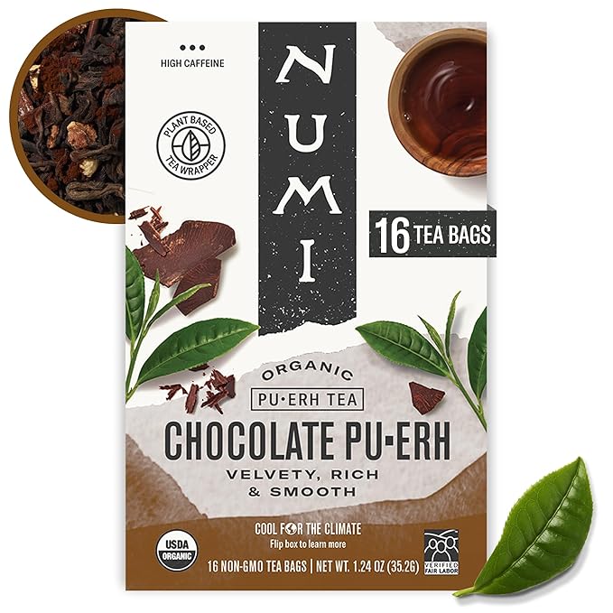 Numi Organic Chocolate Pu-erh Tea, 16 Tea Bags, Aged Yunnan Pu-erh Black Tea with Cocoa & Orange Peel (Packaging May Vary)