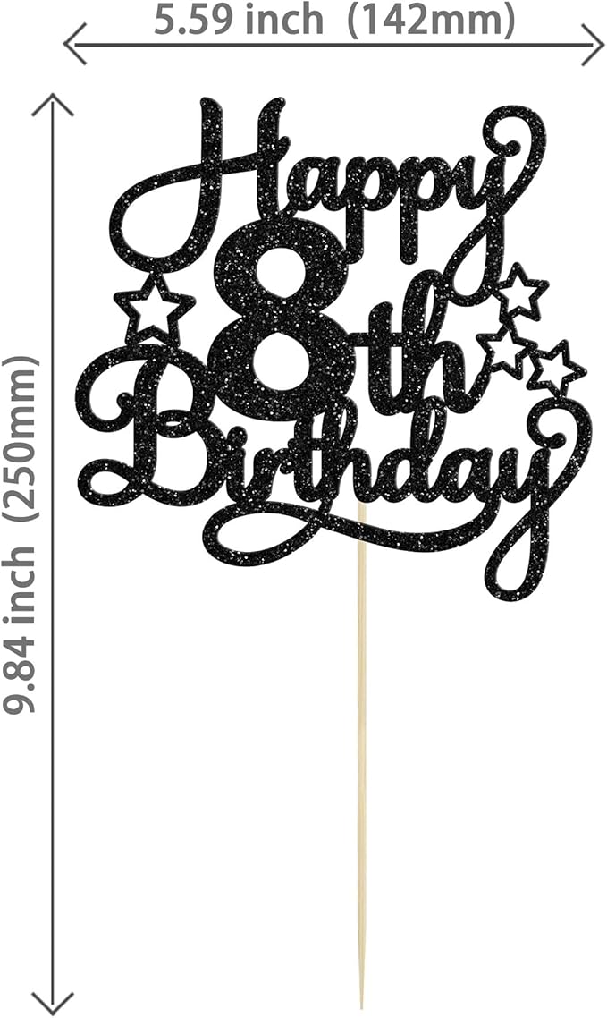 1 Pack Happy 8th Birthday Cake Topper Black Glitter 8th Birthday Cheers to 8 Years Old Birthday Cake Pick for Celebrating 8th Birthday Anniversary Party Cake Decorations Supplies
