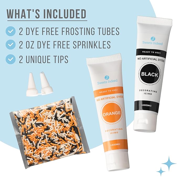 Sweets Indeed Dye-Free Halloween Frosting & Sprinkles Set ??8.22 oz | 2 Frosting Tubes (Orange & Black) + 2 Decorating Tips + 2 oz Sprinkle Mix (Black, Orange & White) | No Artificial Dyes Cupcake & Cookie Decorating Kit