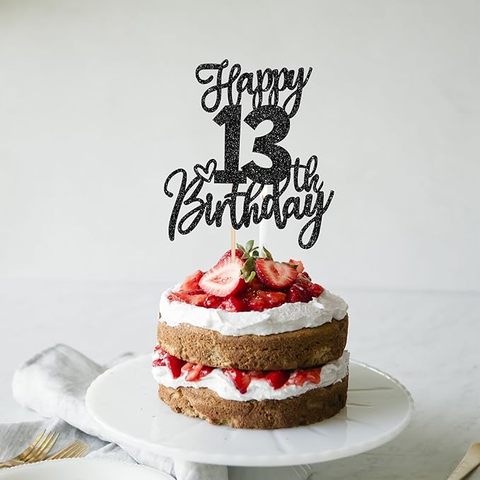 1 PCS Happy 13th Birthday Cake Topper Glitter Cheers to 13 Years Birthday Cake Pick 13 Official Teenager Cake Decoration for Happy 13th Birthday Anniversary Theme Party Decorations Supplies Black