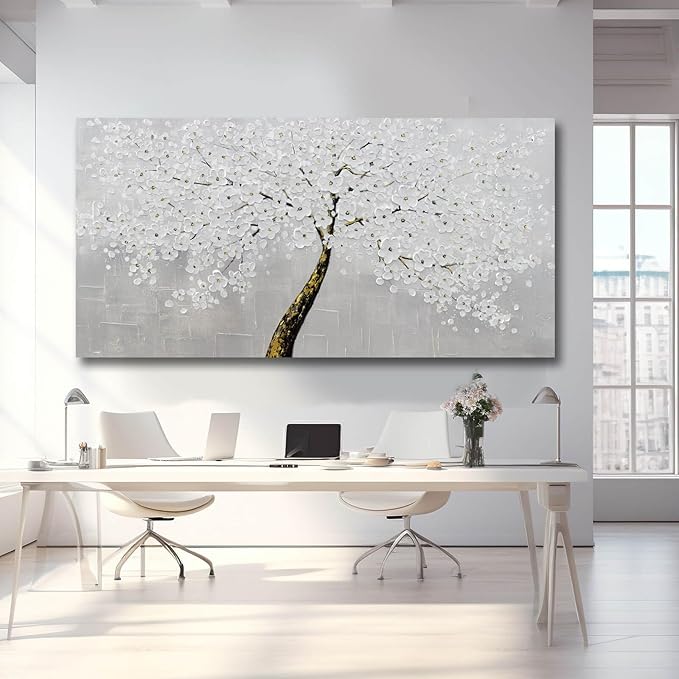 VAYIMDH Botanical Wall Decor for Living Room White with Gold Painting on Canvas Floral Wall Art Nature Artwork for Office Home 29"x 58" Hand Painted