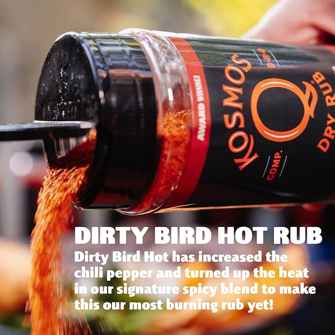 Kosmos Q Hot Dirty Bird BBQ Dry Rub, Spicy Seasoning with Chili Pepper, Brown Sugar, Garlic & Onion for Chicken, Turkey, Ribs, Pork, Dry Rub for Smoking & Grilling Meat, BBQ Spice Blend, 11 Oz Bottle