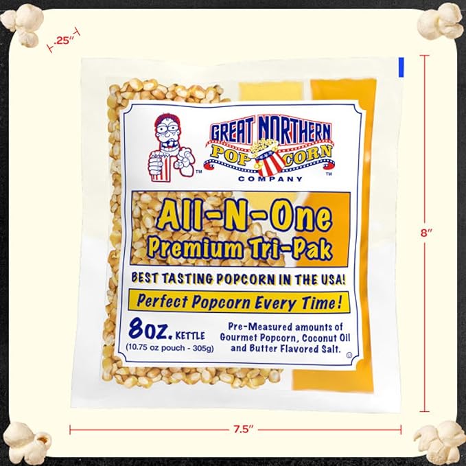 Movie Theater Style 40-Count Popcorn Packs - Pre-Measured 8-Ounce All-in-One Kernel, Salt, Oil Packets for Popping Machines by Great Northern Popcorn