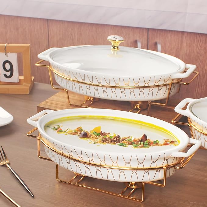 10" x 7" Ceramic Oval Casserole Dish with Glass Lid and Gold rack, 30 ounce Serving Soup Tureen,Chafing Dish for Buffet, Family Food preserve Tray, Catering Casserole for Party Style