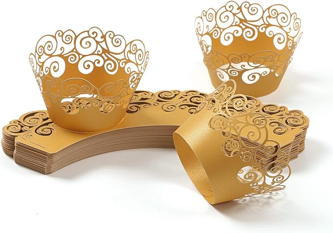 Cupcake Wrappers, KPOSIYA 100 Pack Cupcake Wraps Filigree Artistic Bake Cake Paper Cup Little Vine Laser Cut Liner Baking Cups Muffin Case Trays for Wedding Party Birthday Decoration (100, Gold)