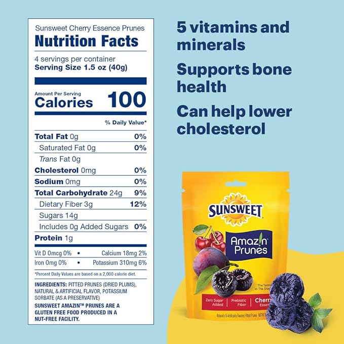 Sunsweet Amazin' Prunes Cherry Essence - Prunes Pitted Unsweetened & Dried - Gluten Free, Vegan, Low Fat - Fiber & Minerals - 6 oz pouch - 6 Pack