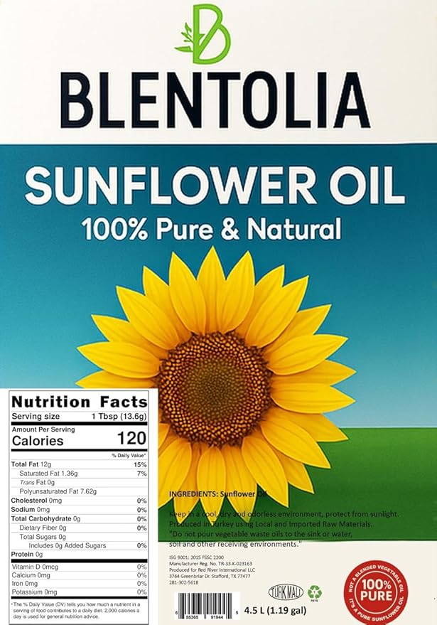 Blentolia 100% Pure Sunflower Oil ??4.5L | Non-GMO, Light Taste, High Smoke Point | Ideal for Frying, Cooking & Baking