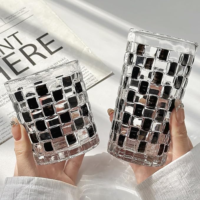 4 Pcs Black Woven Relief Glass Cups 10.5 OZ Drinking Glassware Cocktail Glasses for Iced Coffee Juice Tea Beverage Milk Wine