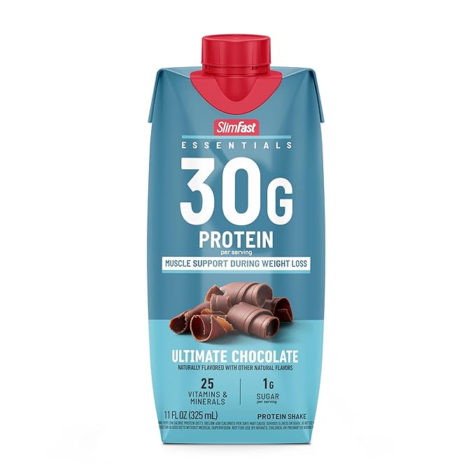 SlimFast Essentials 30g Protein Shake Chocolate, Protein Shakes Ready to Drink, Muscle Support, 1g Sugar, 25 Vitamins and Minerals, 3g Net Carbs, Ultimate Chocolate, 12 Count