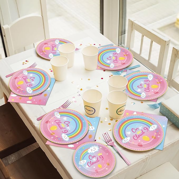96 Pcs On Cloud 9 Birthday Decorations for Girls On Cloud 9 Party Plates and Napkins Supplies 9th BirthdayTableware Set Rainbow Themed Party Favors Serves 24 Guests