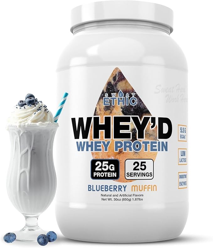 Whey'd Protein Powder, 25 G Whey Protein Blend with Concentrate, Isolate & Hydrolysate, Low Lactose & Digestive Enzymes for Easy Mixing & Smooth Texture, Blueberry Muffin, 25 Servings